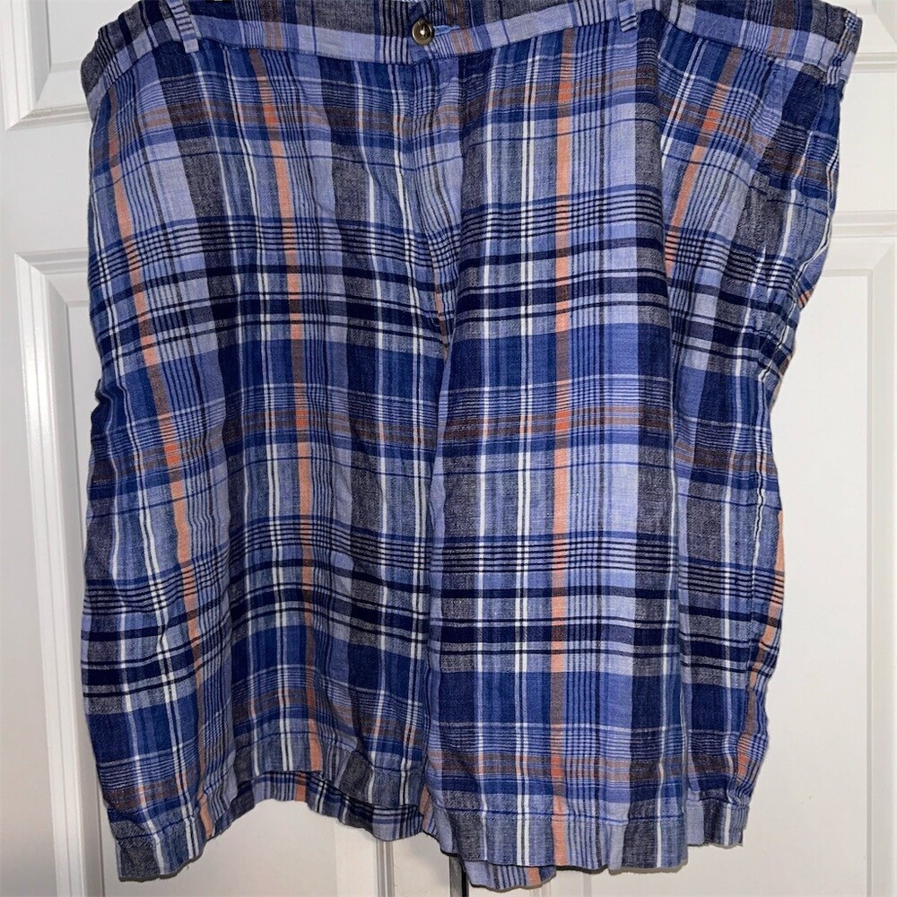 Peter Millar Men's Plaid Flat Front Shorts Blue Orange White Size 48